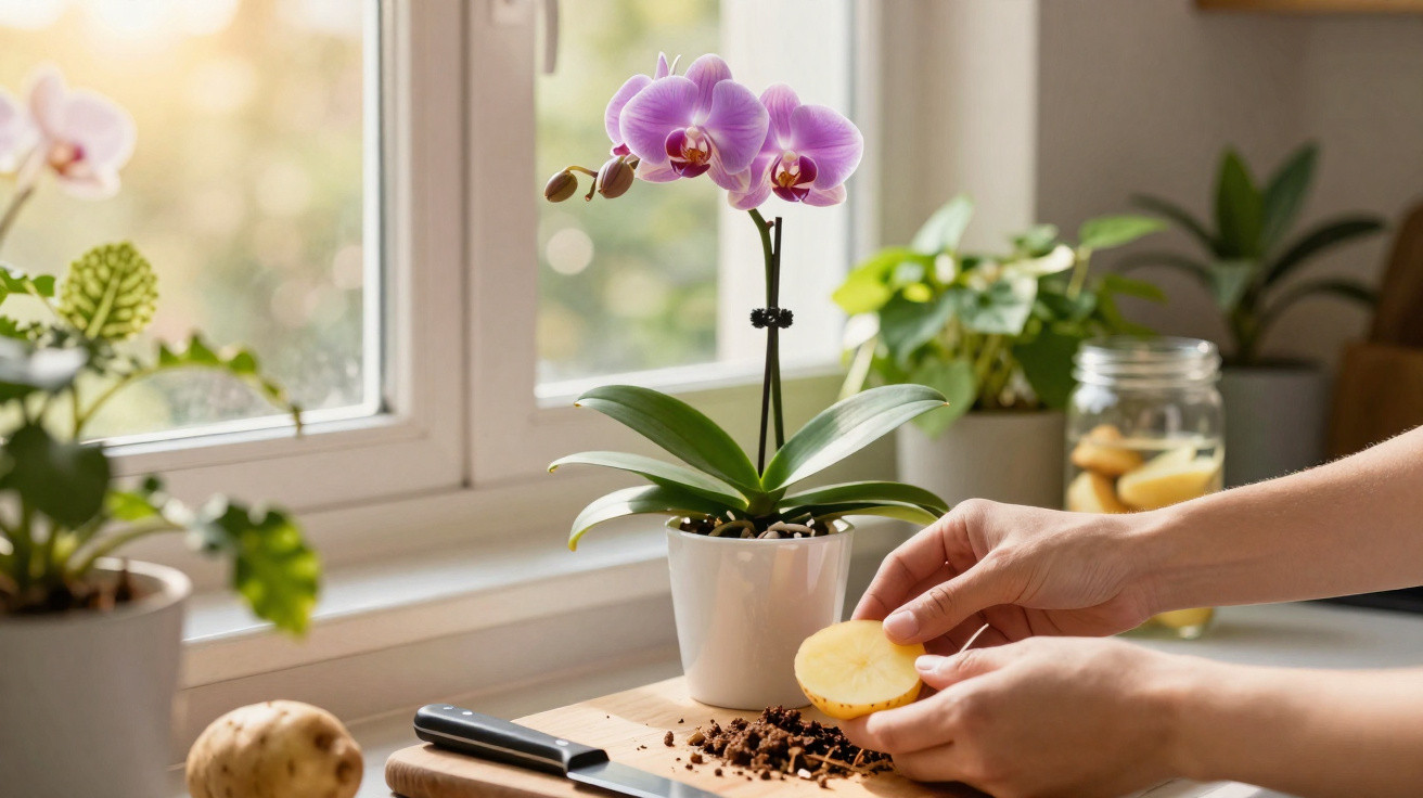 Person preparing a potato on a cutting board with a pink orchid and other plants by a window in the background.