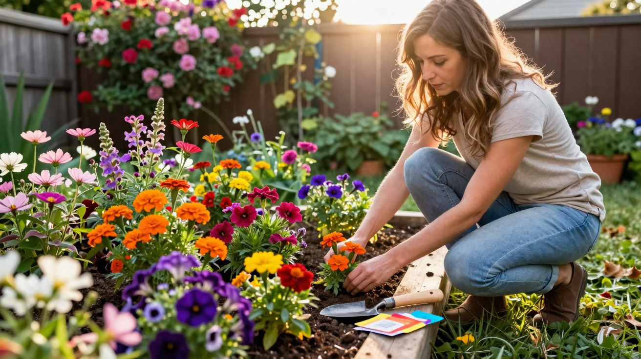 Woman tending to colourful flowers in a sunlit garden bed during golden hour.