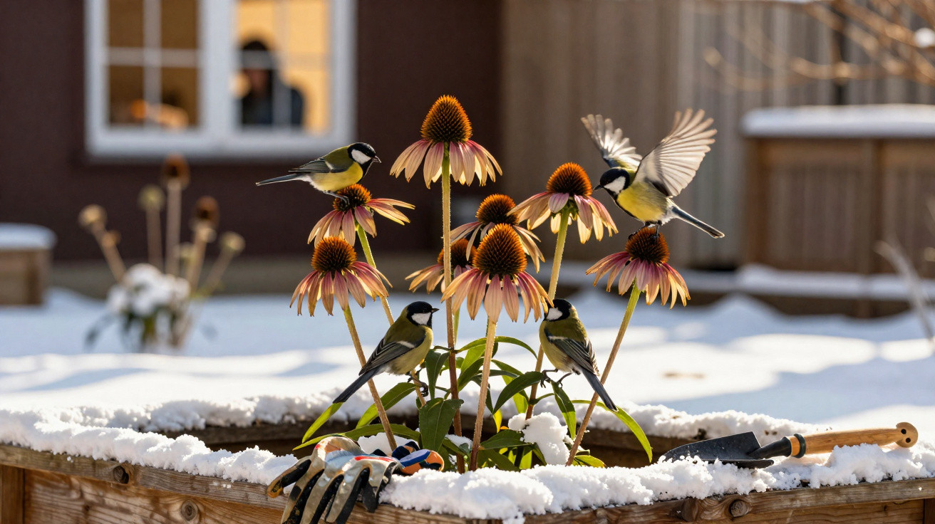 Great tits perched on and flying around purple coneflowers in a snowy raised garden bed with gardening tools.