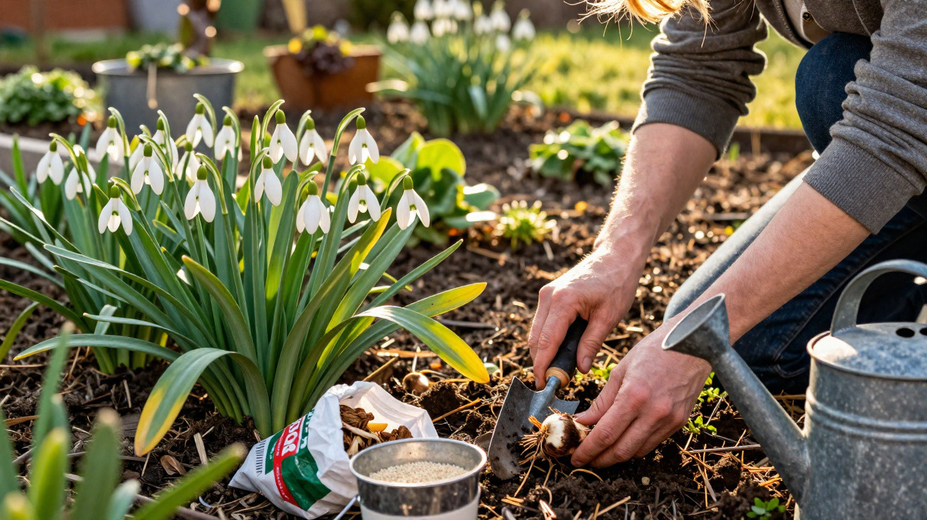 Person planting flower bulbs near a blooming cluster of snowdrops in a sunlit garden bed.