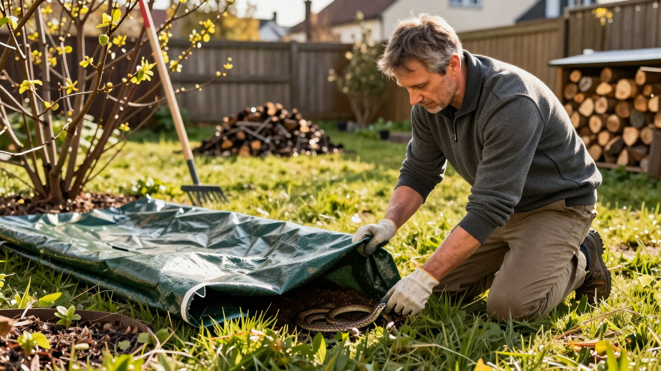 Man kneeling in garden uncovering a snake hiding beneath a green tarp in bright daylight.