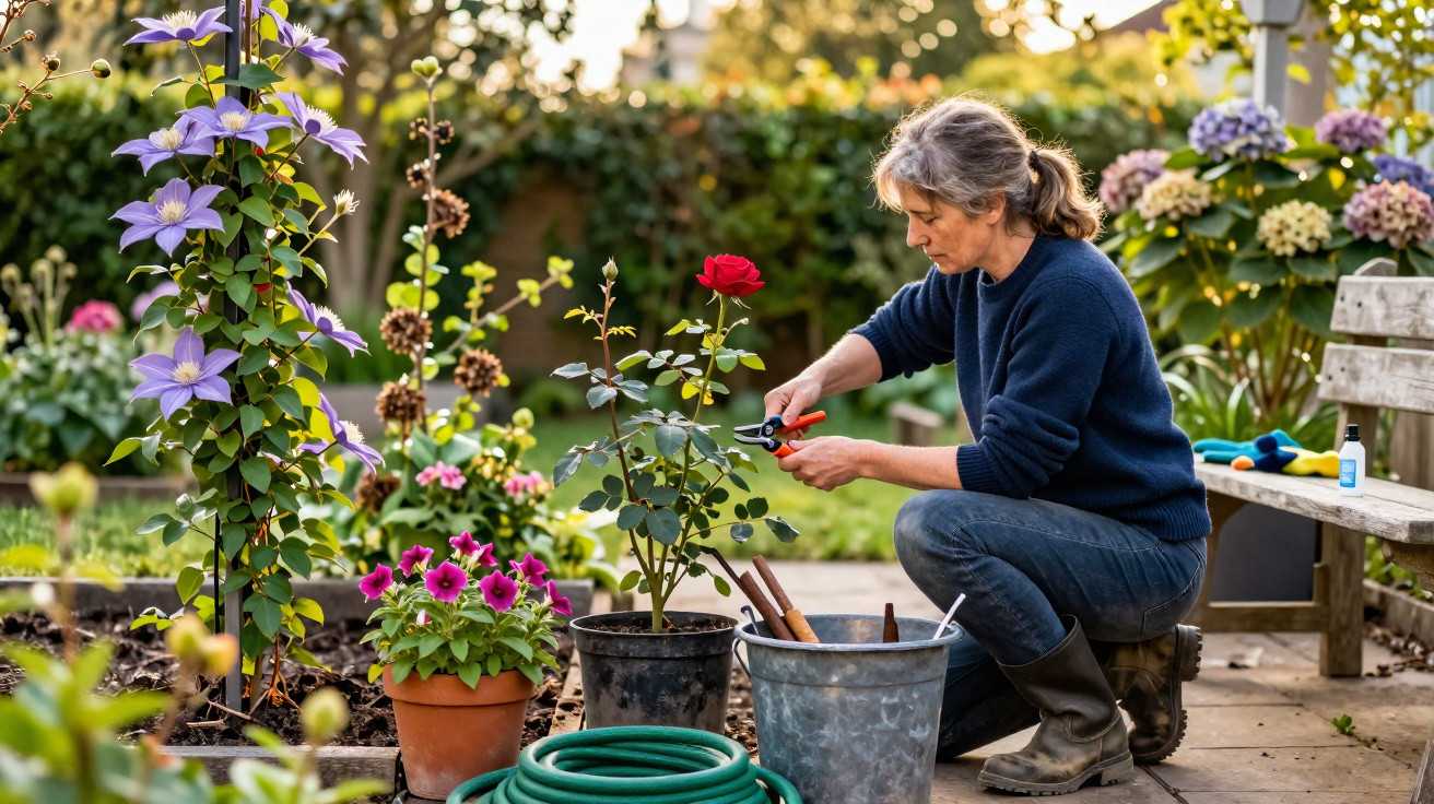 Woman pruning a red rose bush in a colourful garden during daylight.