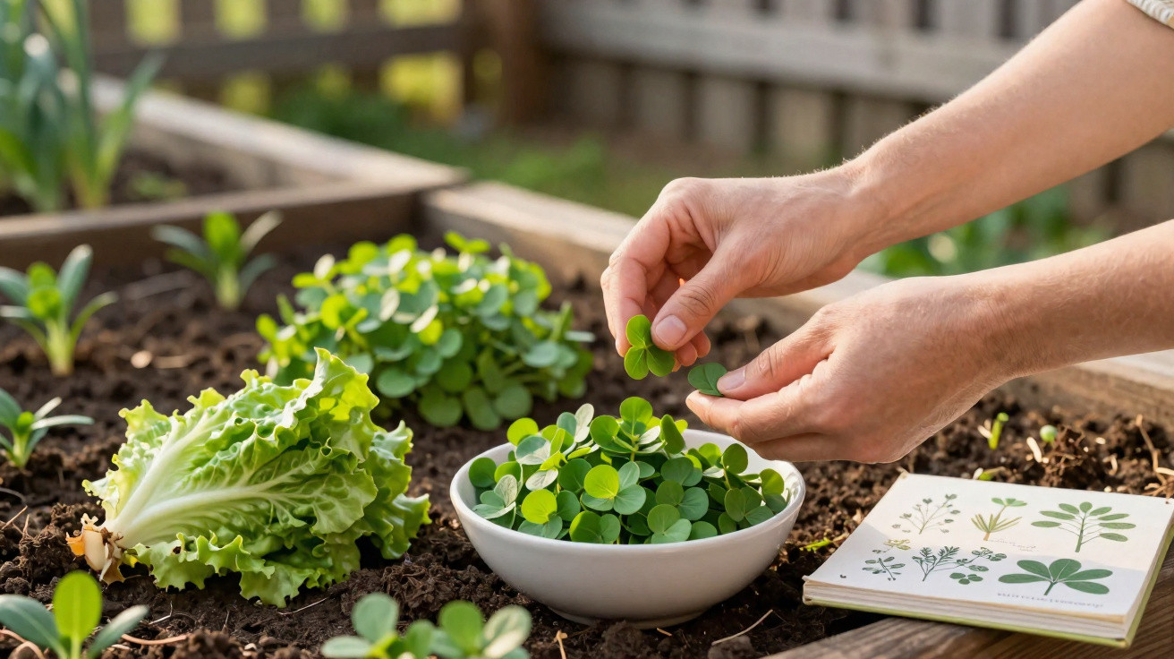 Hands picking fresh green clover leaves into a bowl on a garden bed with a plant guide book nearby.