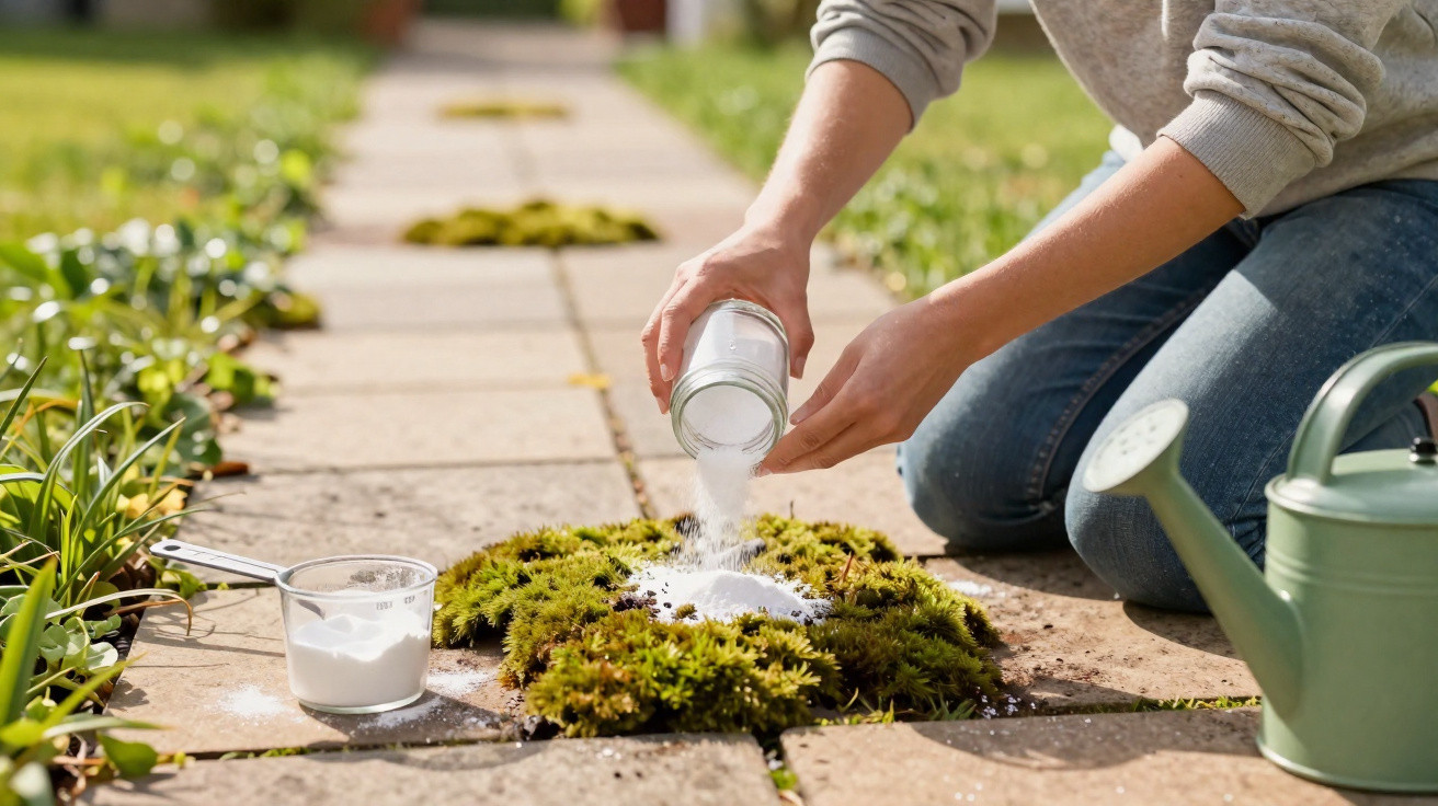 Person sprinkling white powder onto moss growing between stone patio tiles in a garden.