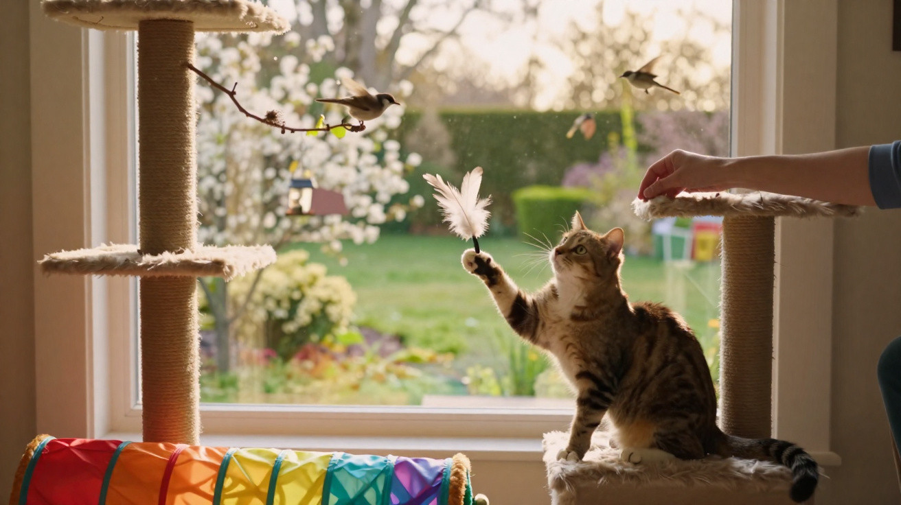 Tabby cat playing with a feather toy on a cat tree by a window with birds outside in a garden.