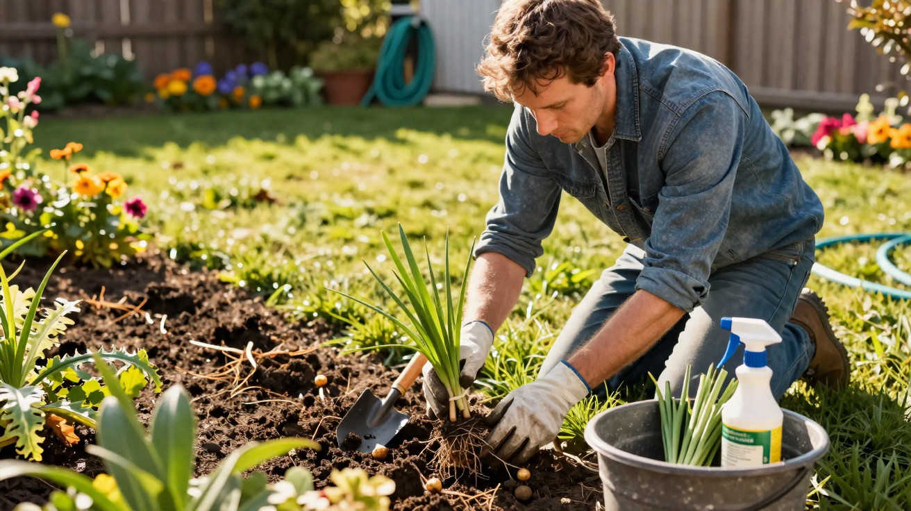 Man wearing gloves planting a green plant in a garden bed surrounded by flowers and gardening tools.