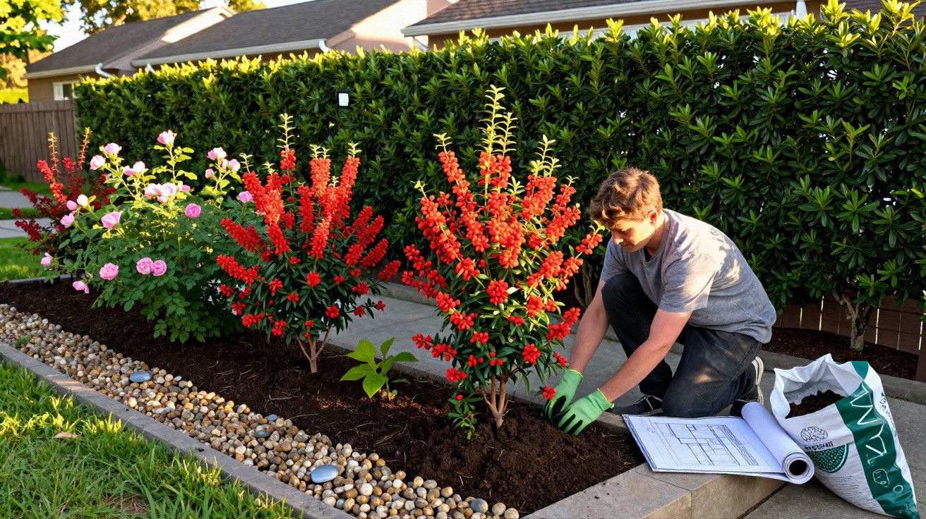 Man planting red flowering shrubs in a garden bed bordered by stones with garden plans and soil bag nearby.