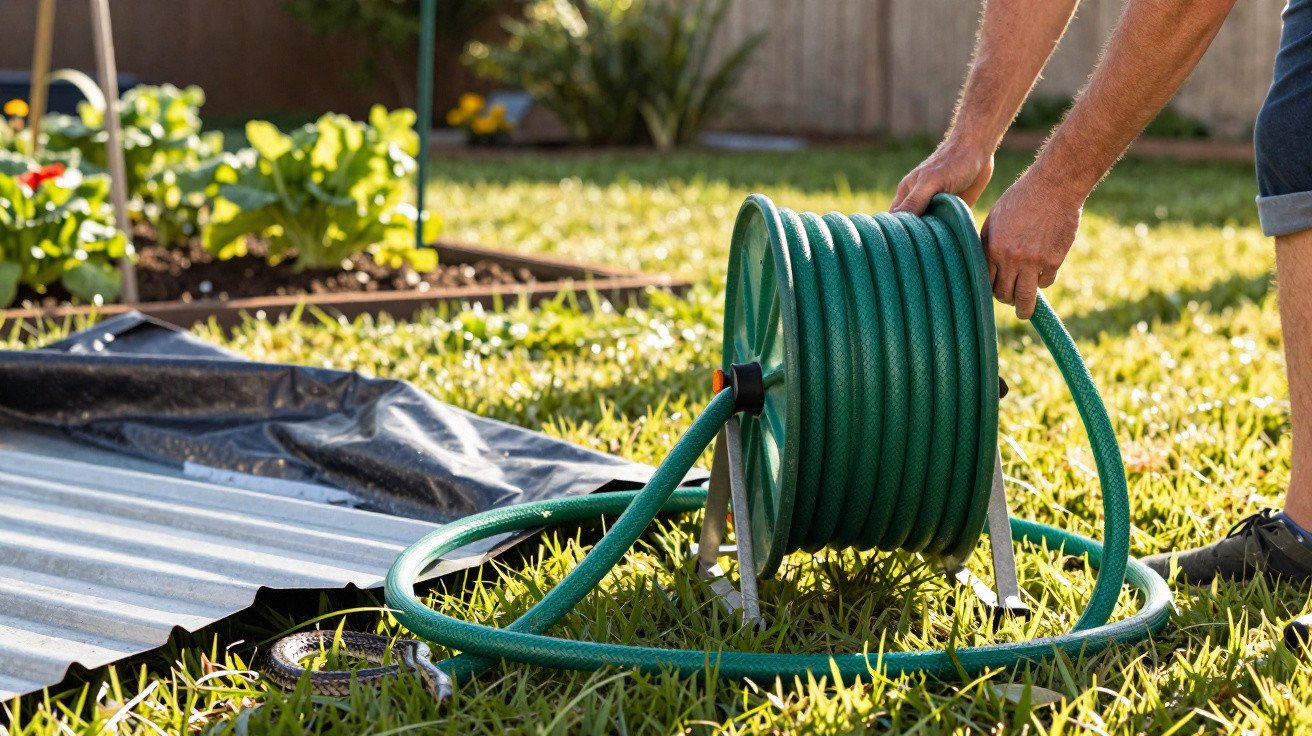 Person rewinding a green garden hose on a reel in a sunny backyard garden.