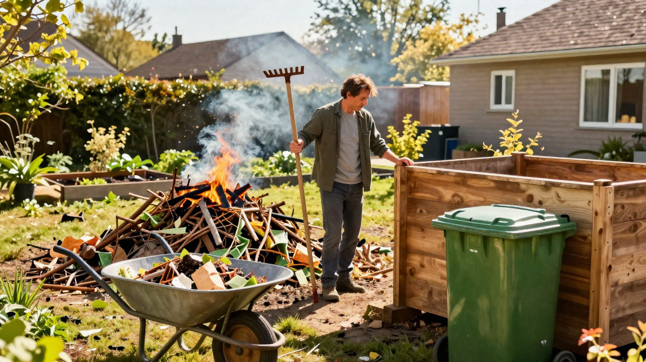 Man tending a controlled garden burn with wood pile, wheelbarrow, rake and green bin in a sunny backyard.
