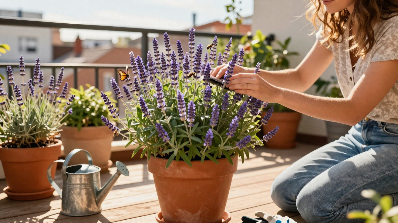 Person tending to potted lavender plants on a sunny balcony with a butterfly and watering can nearby.