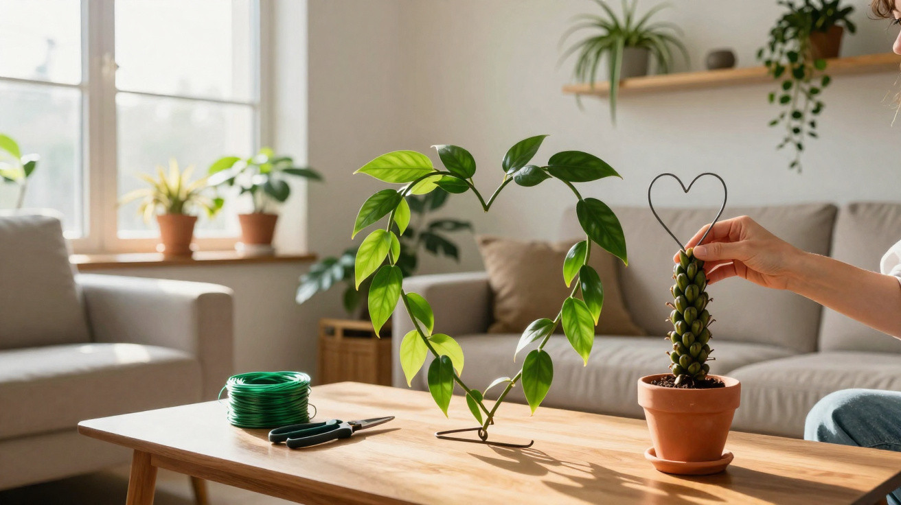 Person shaping a plant stem into a heart next to a heart-shaped leaf plant on a wooden table in a living room.