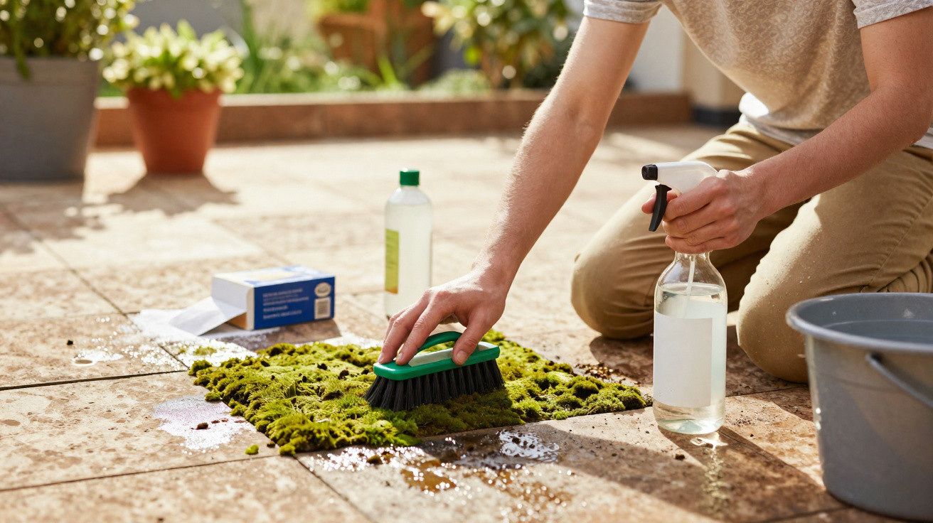 Person scrubbing green moss off tiled patio with brush and spray bottle nearby in bright garden setting.