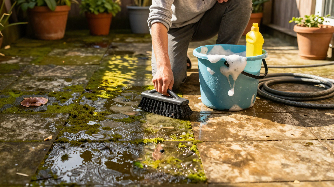 Person scrubbing mossy garden tiles with brush and soapy water in a blue bucket on a sunny day.