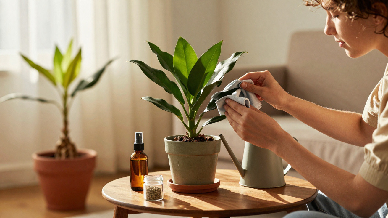 Person cleaning leaves of a potted plant on a wooden table with care spray and watering can nearby.