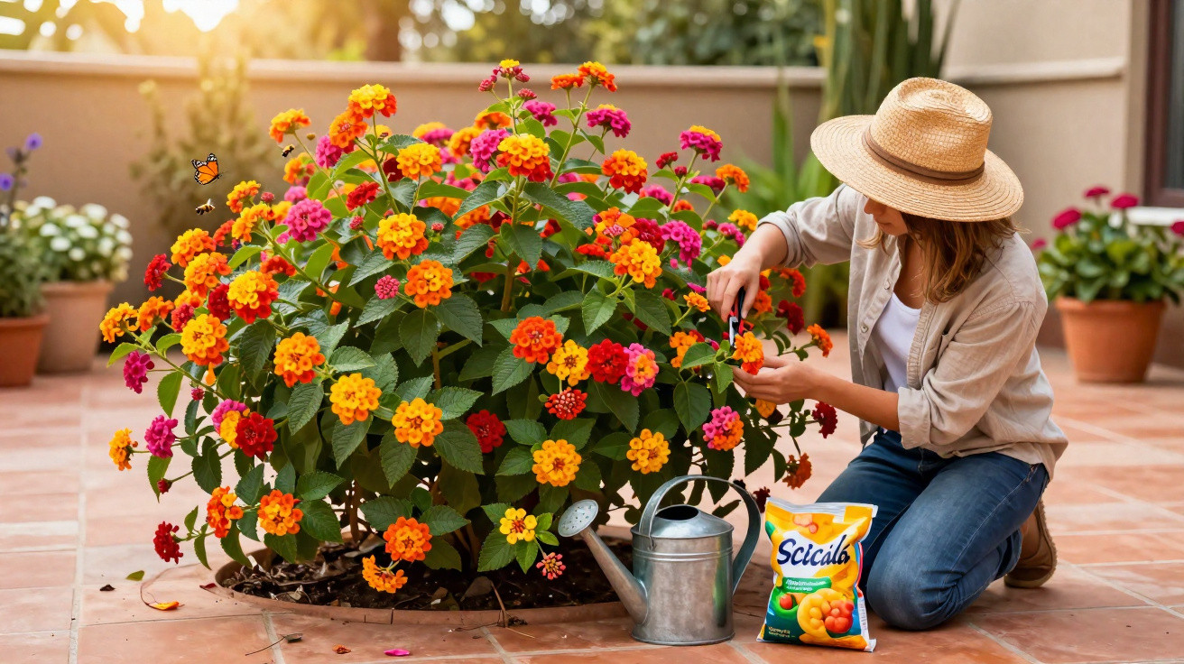 Woman wearing a straw hat pruning colourful lantana flowers on a sunny patio with watering can and plant food nearby.