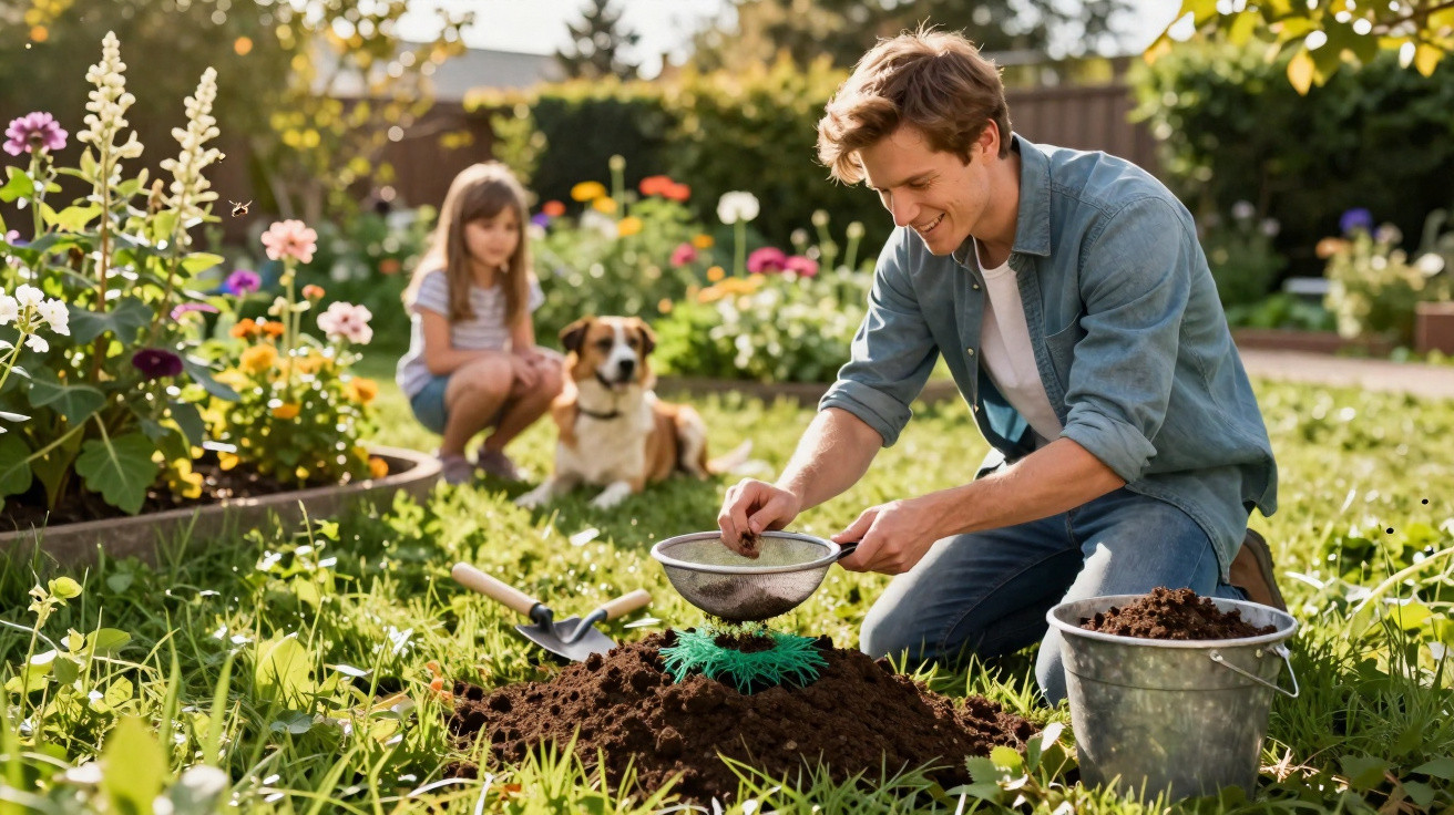 Man sifting soil in garden while girl and dog watch in sunny backyard filled with flowers and greenery