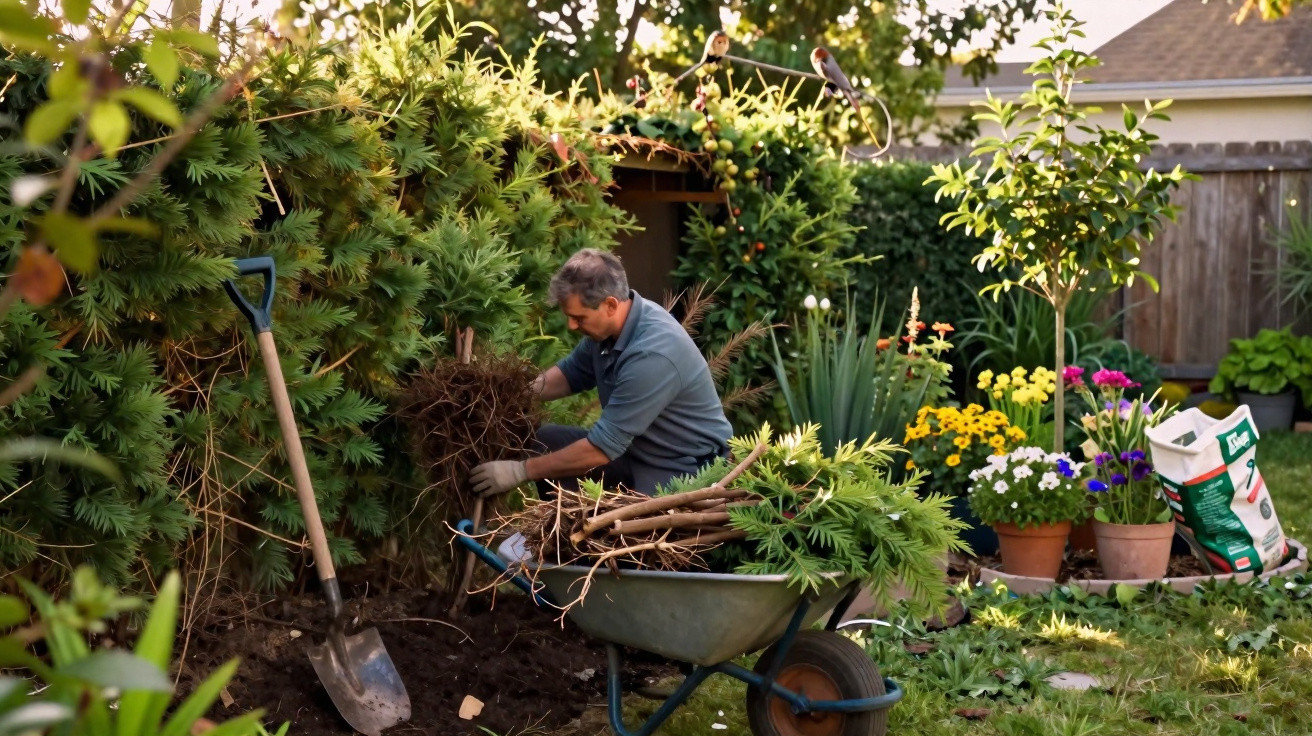 Man gardening, uprooting a bush next to a wheelbarrow filled with branches and greenery in a vibrant garden.