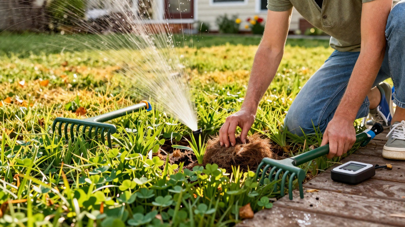 Person kneeling on grass using a garden rake near a sprinkler irrigating a flowerbed in a sunny yard.