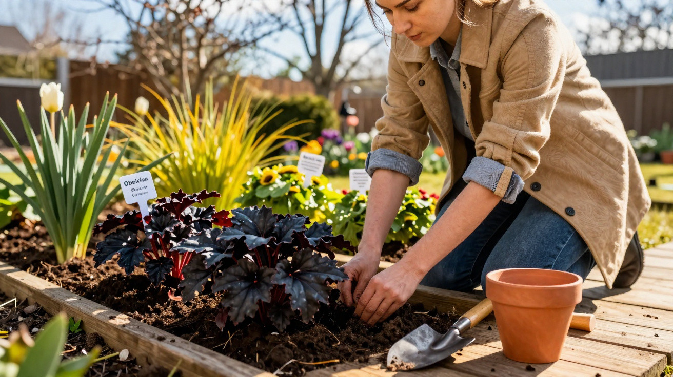 Person planting dark-leaved plants in a raised garden bed with gardening tools nearby on a sunny day.