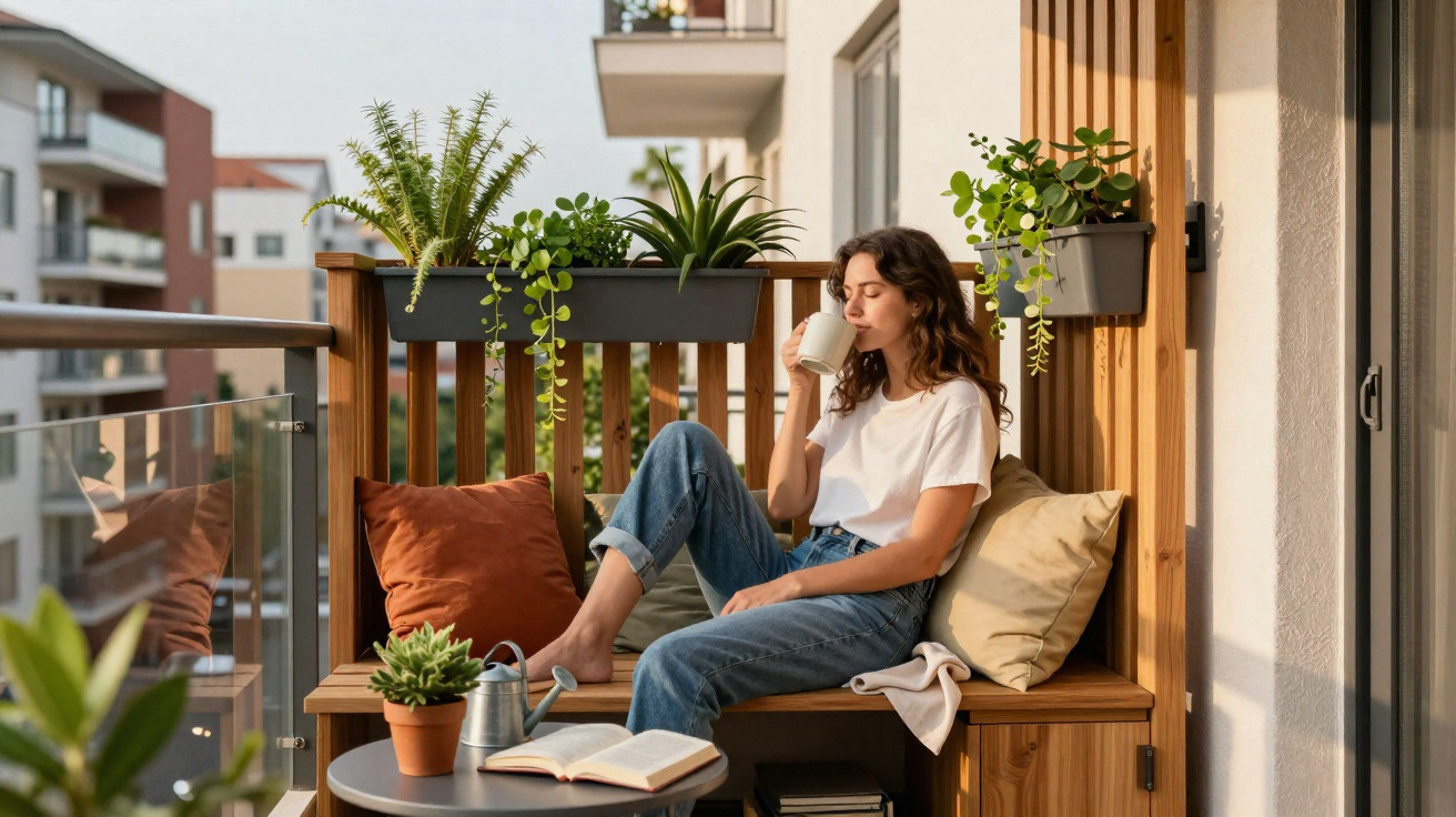 Woman relaxing on a balcony bench, drinking from a mug, surrounded by cushions and plants, with an open book on a table.