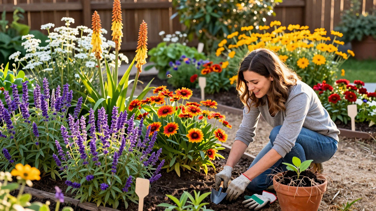 Woman kneeling and planting flowers in a colourful garden bed on a sunny day.