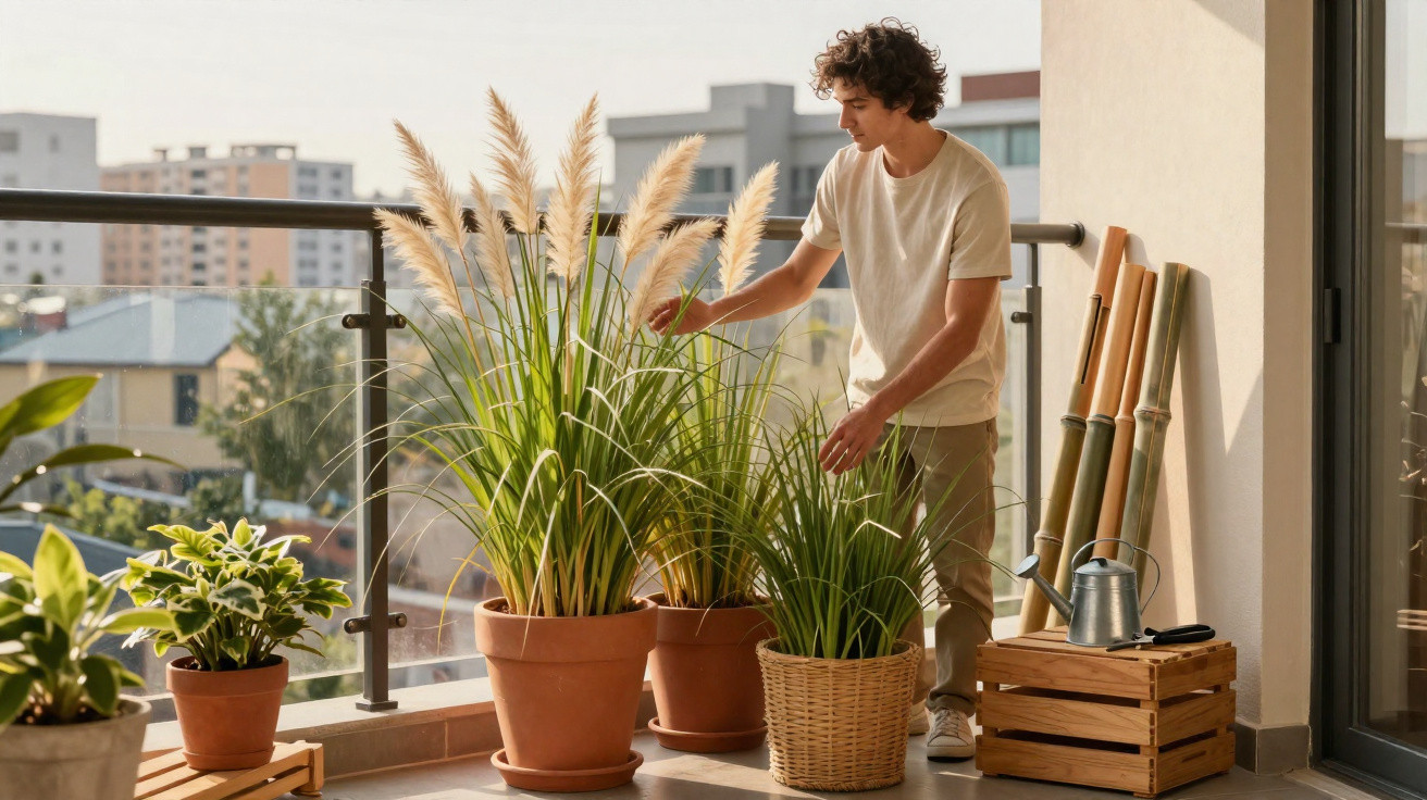 Young man tending tall potted plants on a sunny balcony with city buildings in the background.