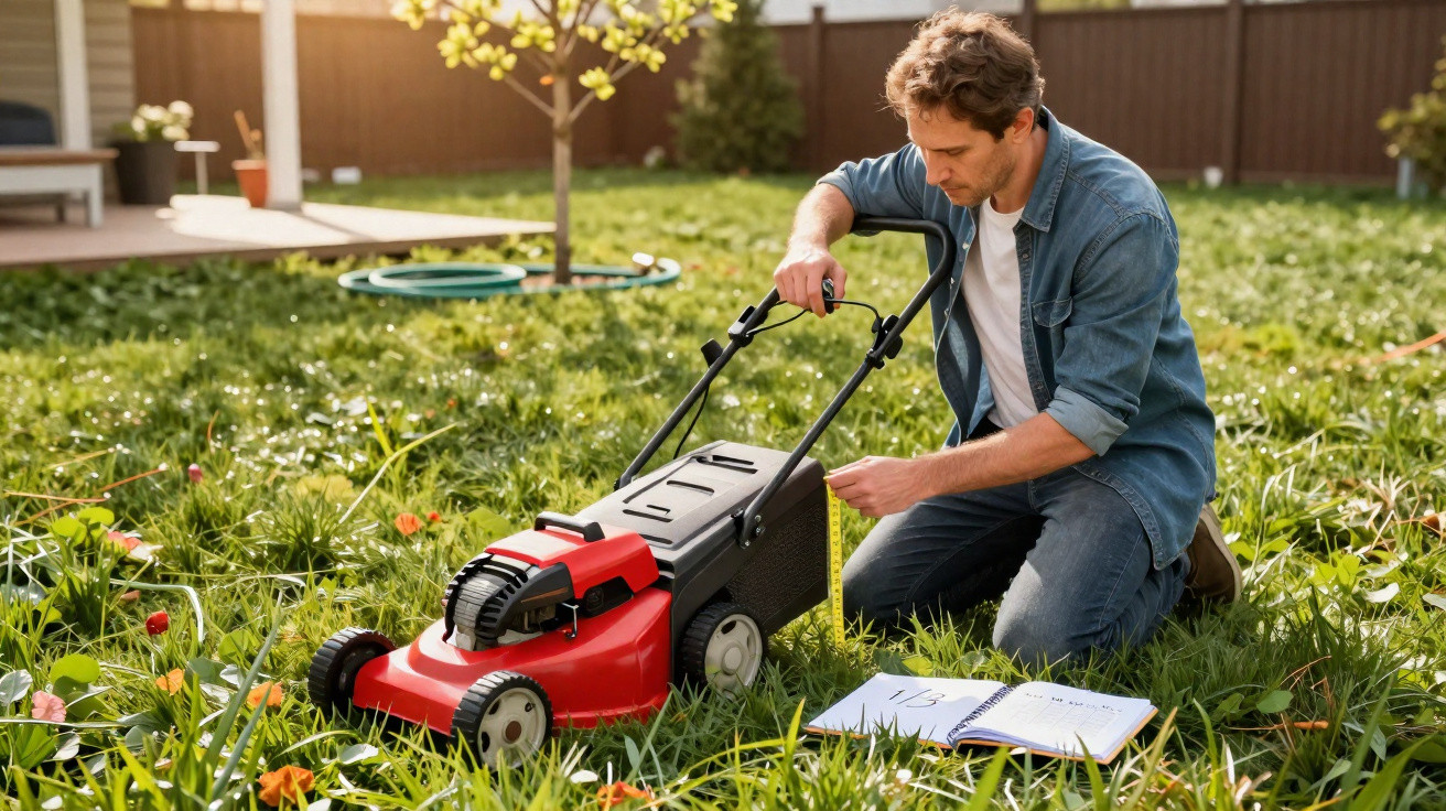 Man kneeling on grass measuring a red lawn mower with a tape measure in a sunny backyard garden.