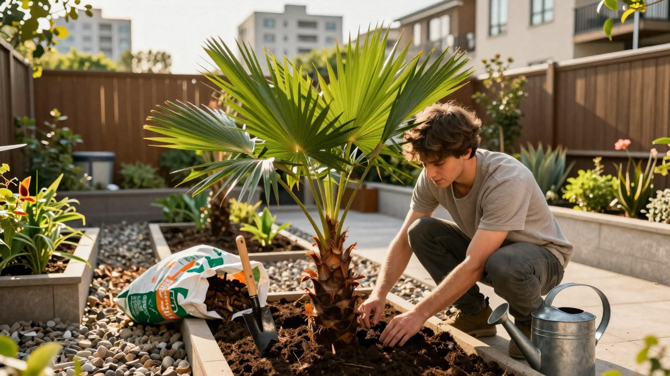 Young man planting a palm tree in a garden bed surrounded by a wooden fence and urban buildings.