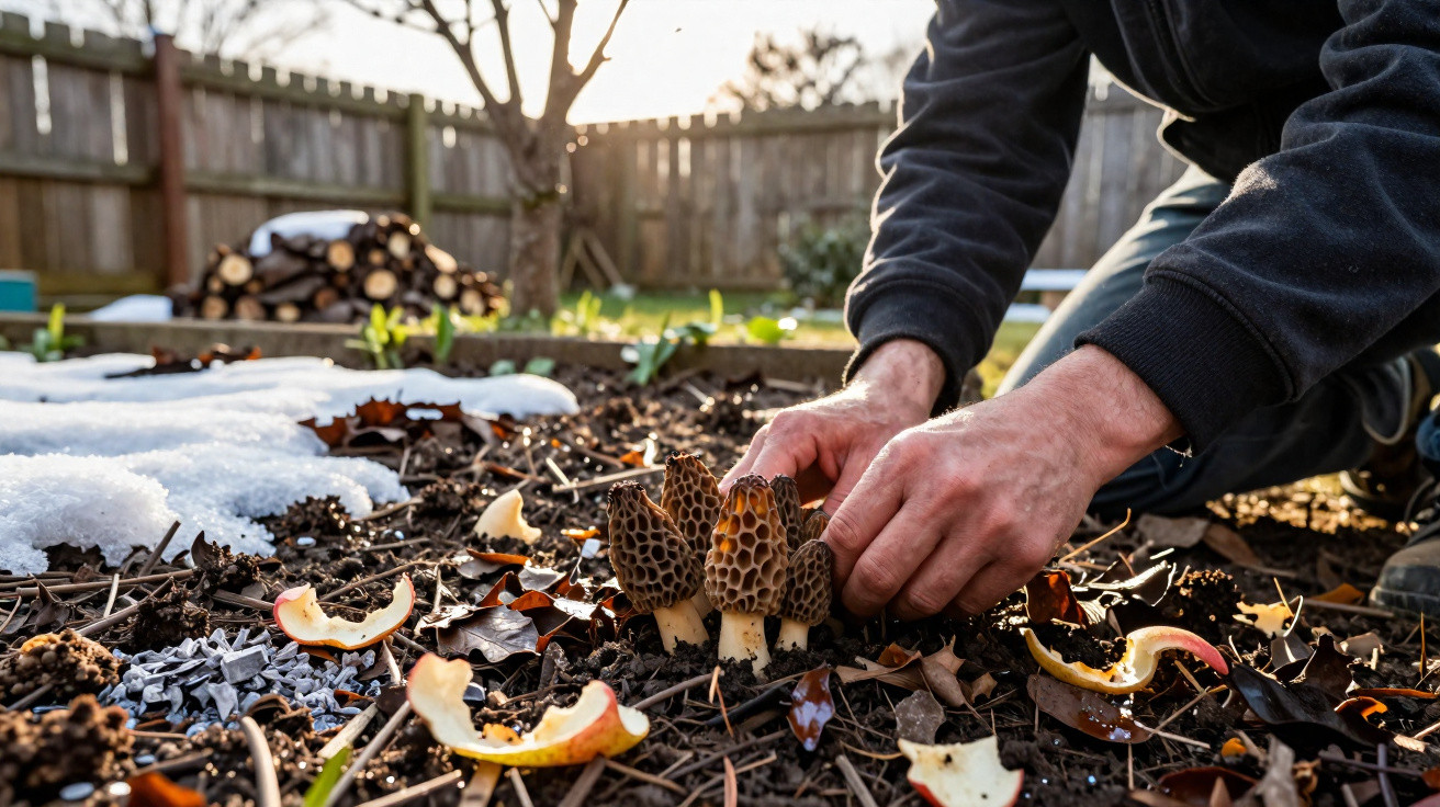 Person harvesting morel mushrooms from soil in a garden with snow and fallen leaves nearby.