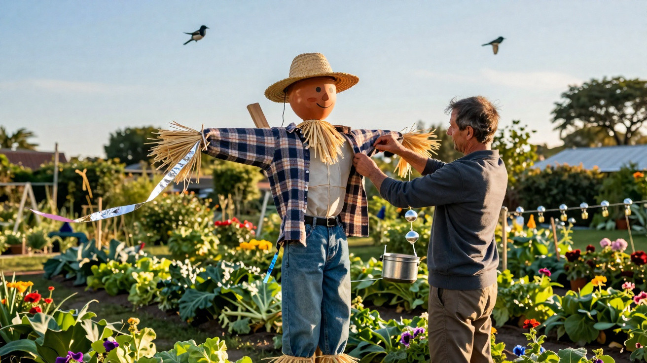 Man adjusts scarecrow's shirt in colourful garden with birds flying in soft sunset light