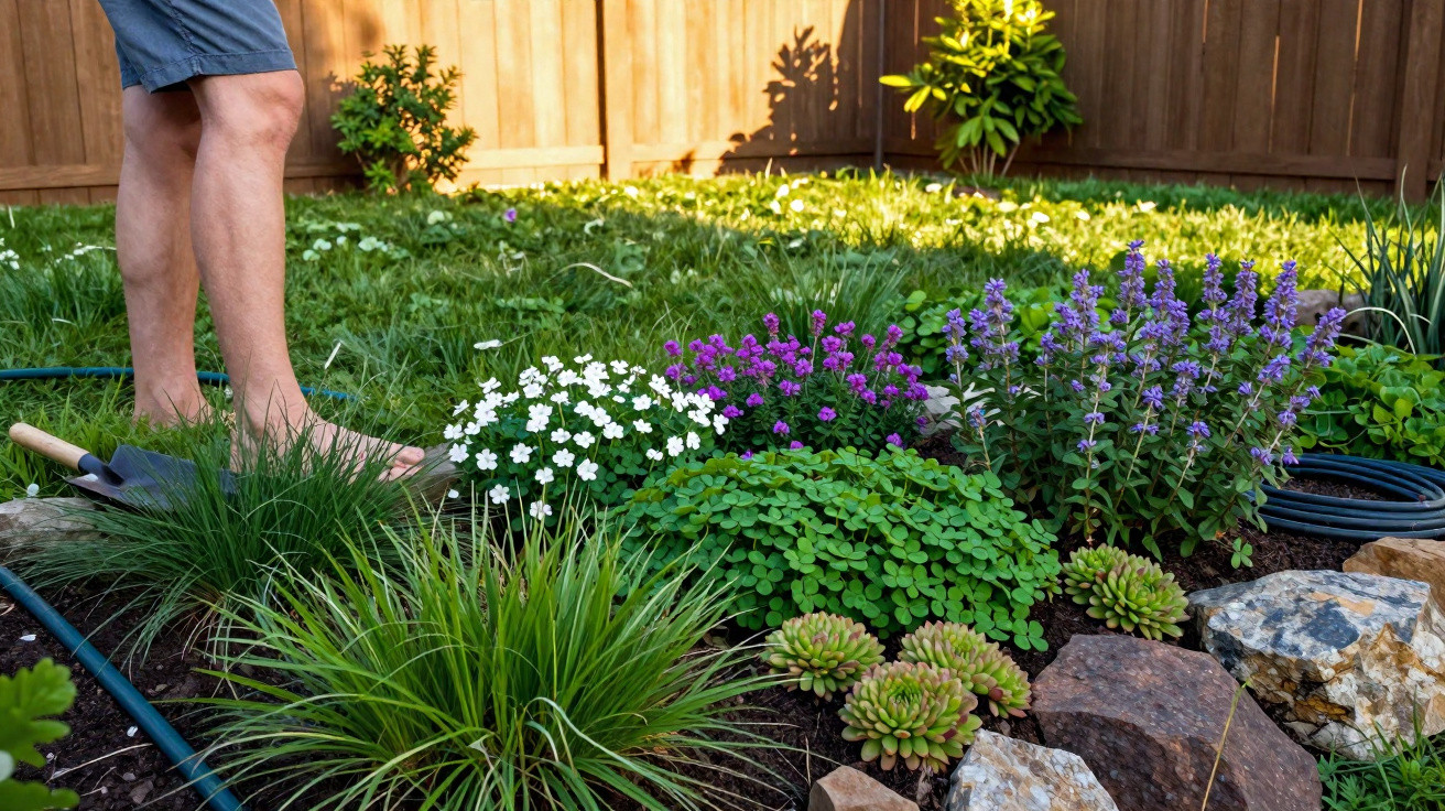 Person standing barefoot beside a colourful garden bed with flowering plants and rocks in a sunny backyard.