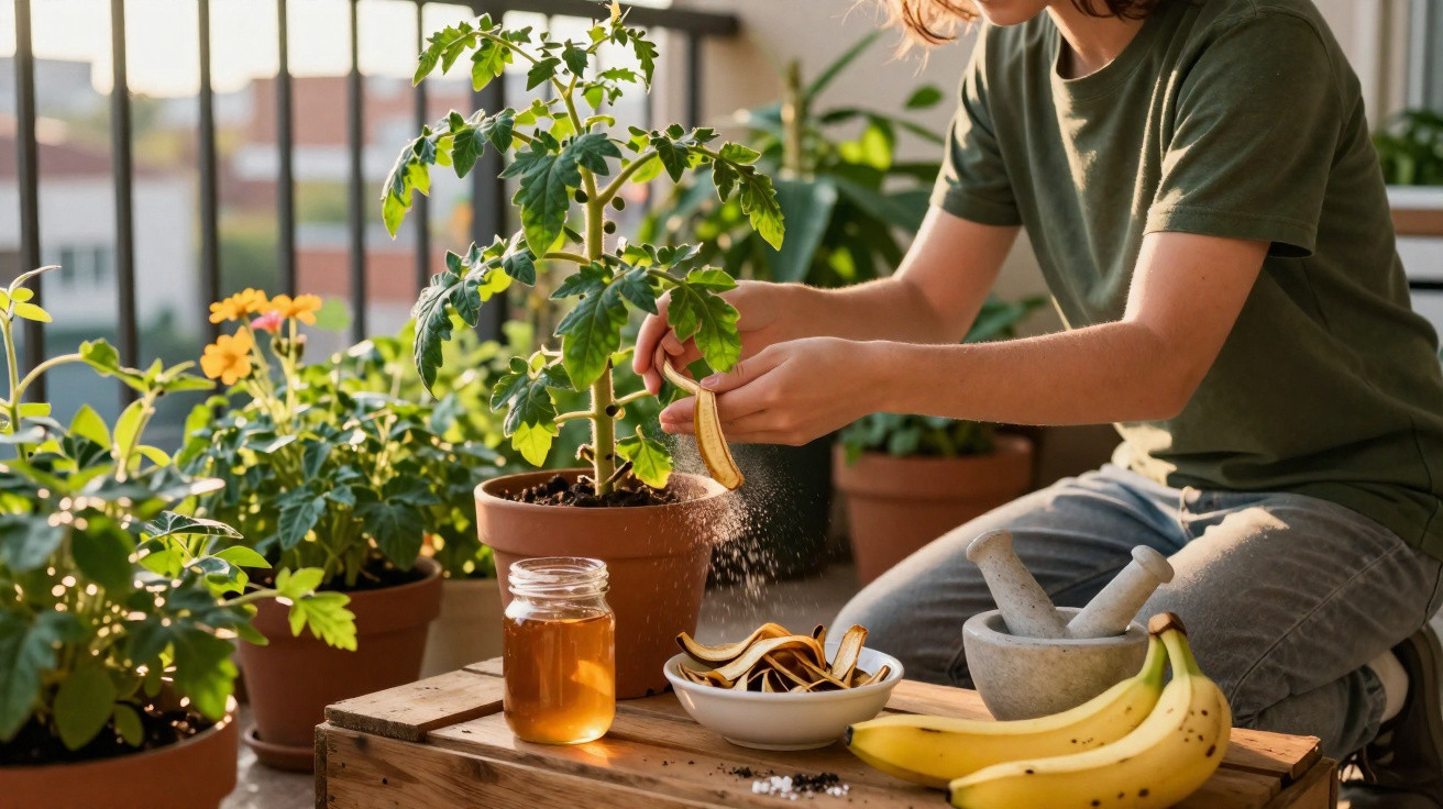 Person sprinkling dried banana chips onto a potted plant on a balcony with other plants nearby.