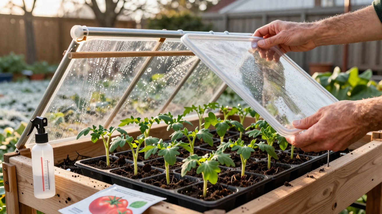 Hands lifting the clear lid of a small greenhouse with tomato seedlings inside on a wooden frame.
