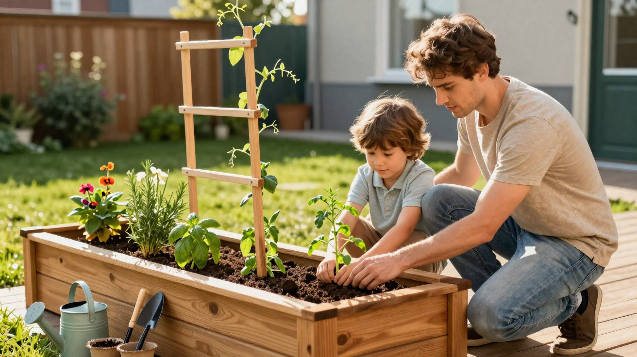 Father and son gardening together in a raised wooden planter box in a sunny backyard.