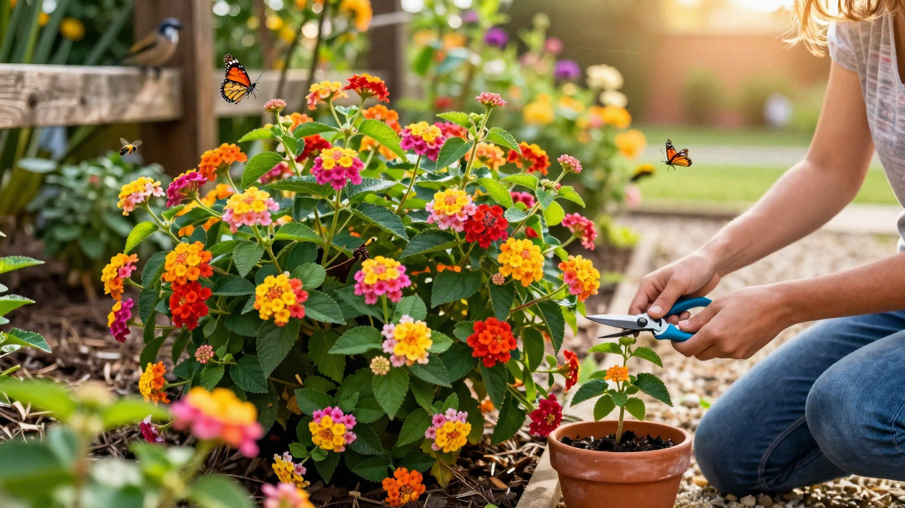 Person pruning colourful lantana flowers in a sunny garden with butterflies and birds nearby.