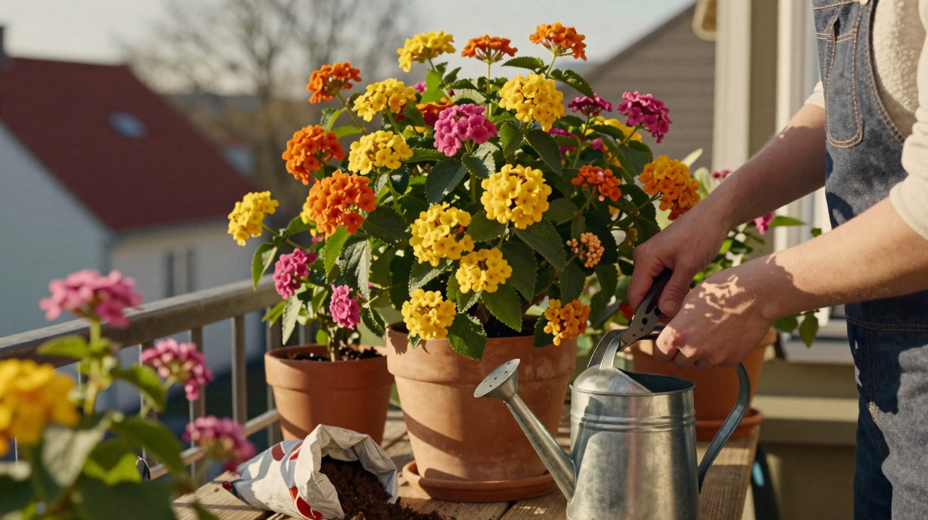 Person tending to colourful potted flowers on a sunny balcony with a watering can and soil bag nearby.