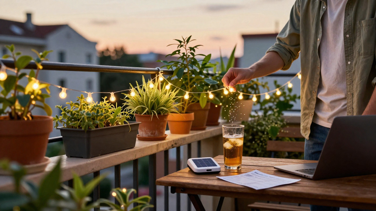 Person sprinkling seasoning into a glass of iced drink on a balcony with plants and fairy lights at sunset.