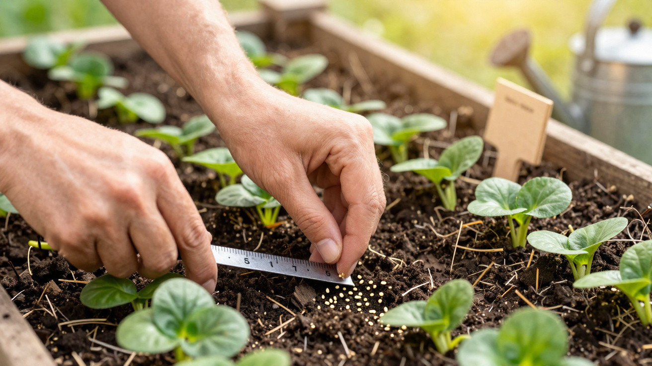 Hands planting seeds beside young seedlings in a garden bed, using a ruler for spacing.
