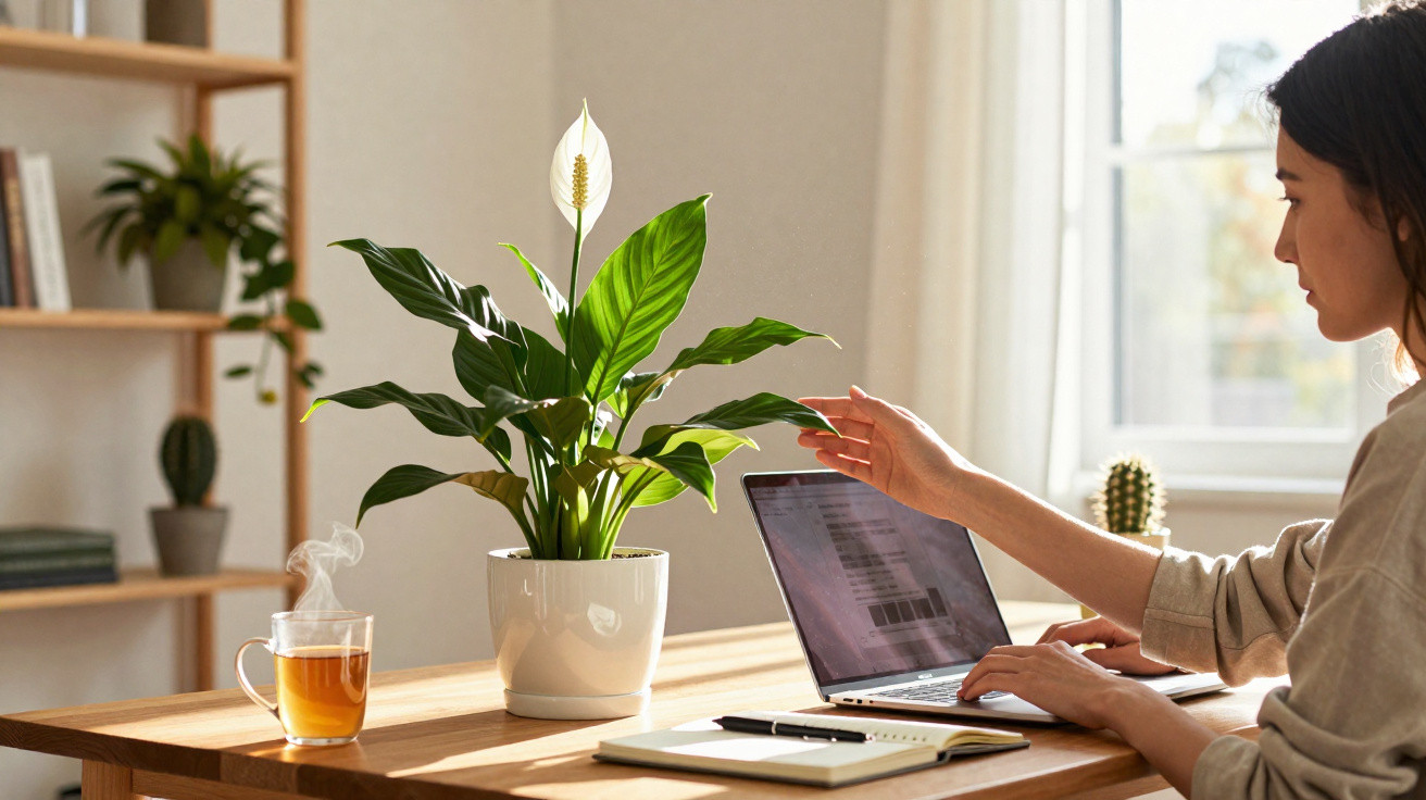 Person working on a laptop at a wooden desk with a peace lily plant and steaming cup of tea beside them.
