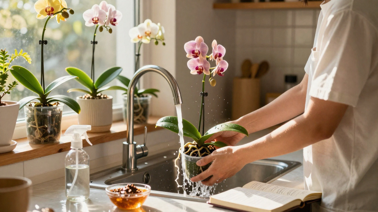 Person watering a pink orchid at a kitchen sink next to other potted orchids on the windowsill.