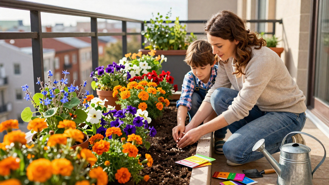 Mother and young son planting seeds together on a balcony garden filled with colourful flowers.
