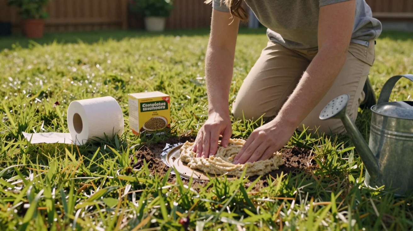 Person kneeling on grass applying termite bait paste to a circular station with garden tools nearby.