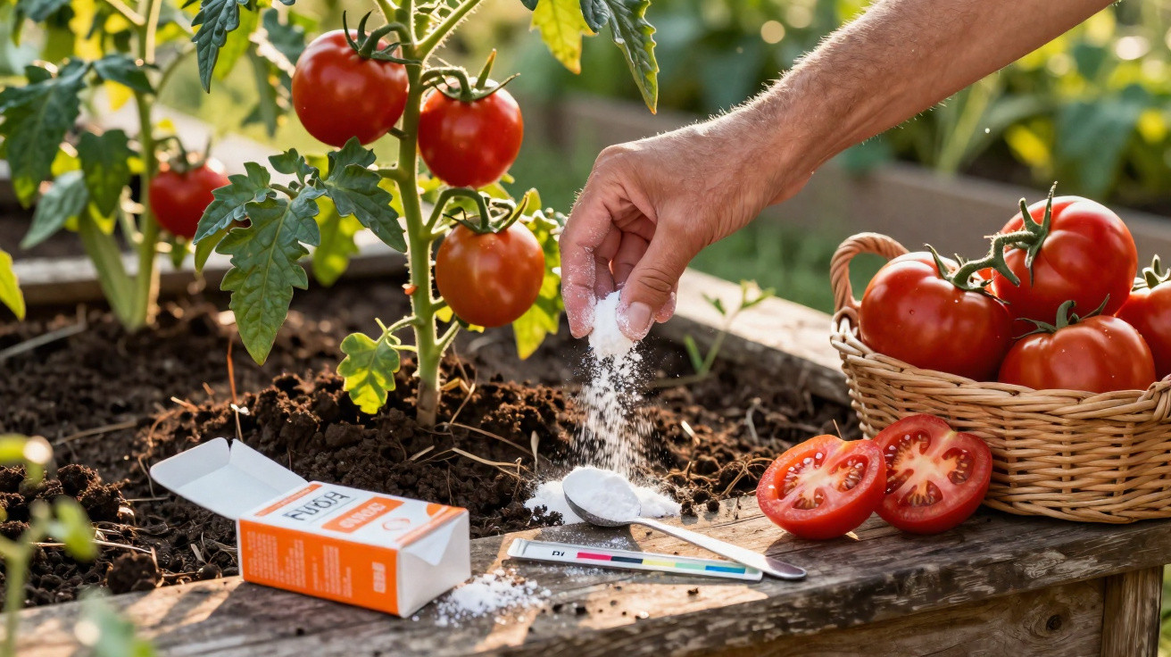 Hand sprinkling white powder near ripe tomatoes on plant and in basket on raised garden bed outdoors.