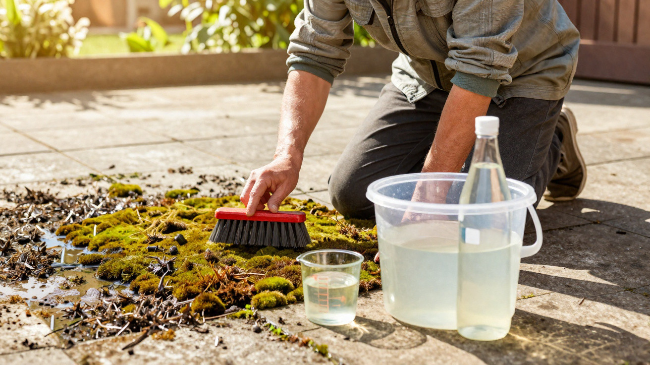 Person scrubbing moss and dirt off a patio with a brush, near a bucket and containers of cleaning solution.