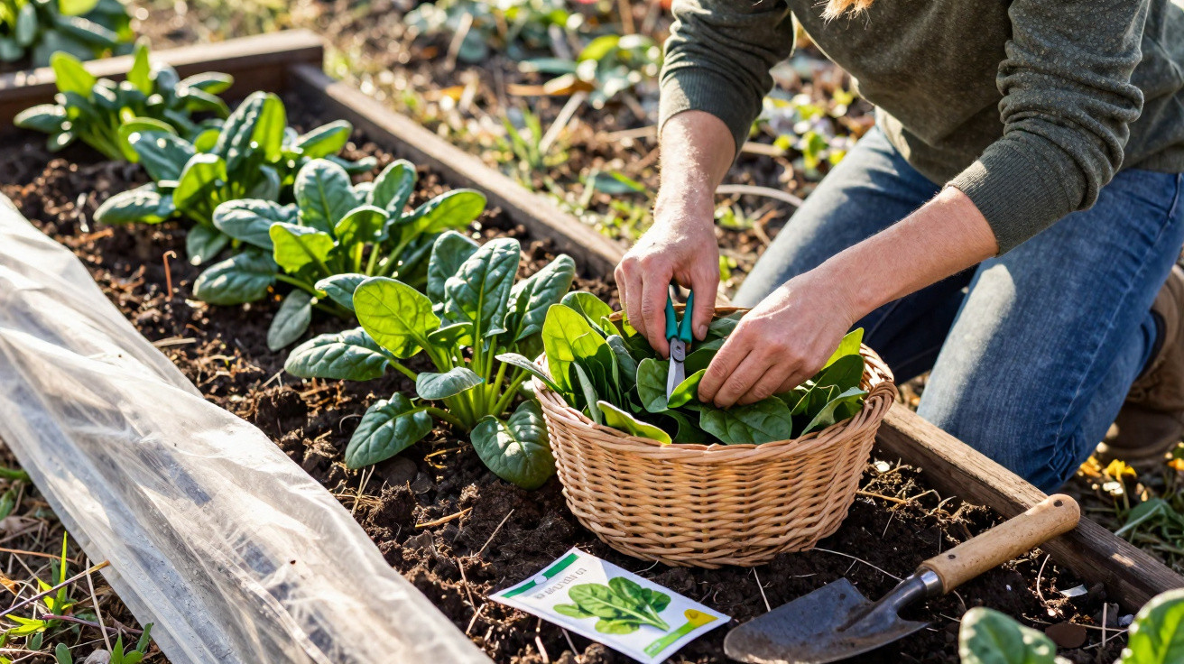 Person harvesting fresh spinach leaves into a wicker basket in a garden bed on a sunny day.