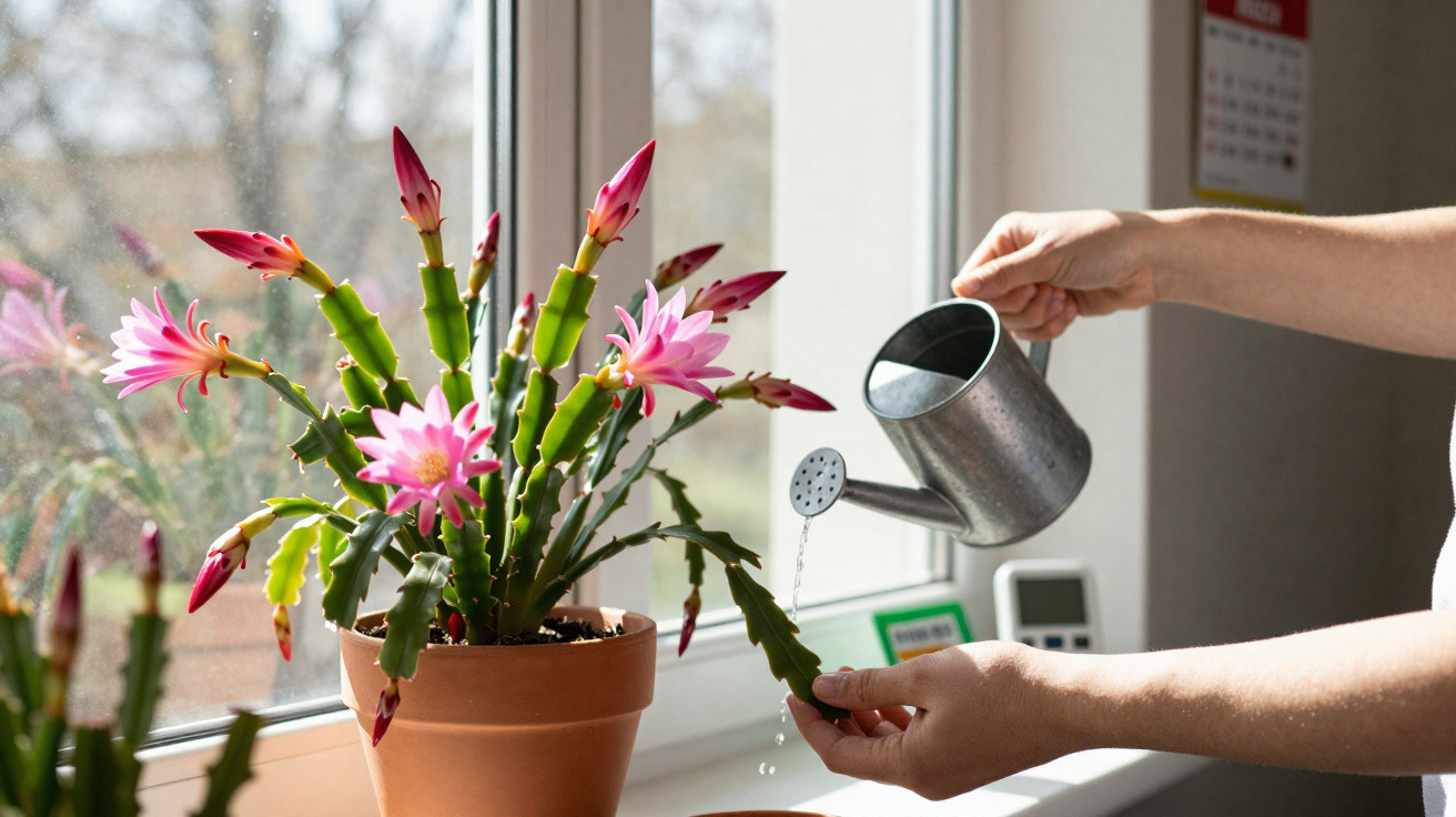 Person watering a blooming pink cactus plant on a windowsill using a metal watering can.