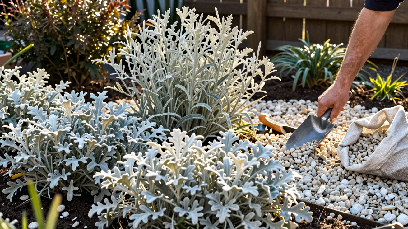 Hand gardening with trowel adding white pebbles around silver-leaf plants in a garden bed.
