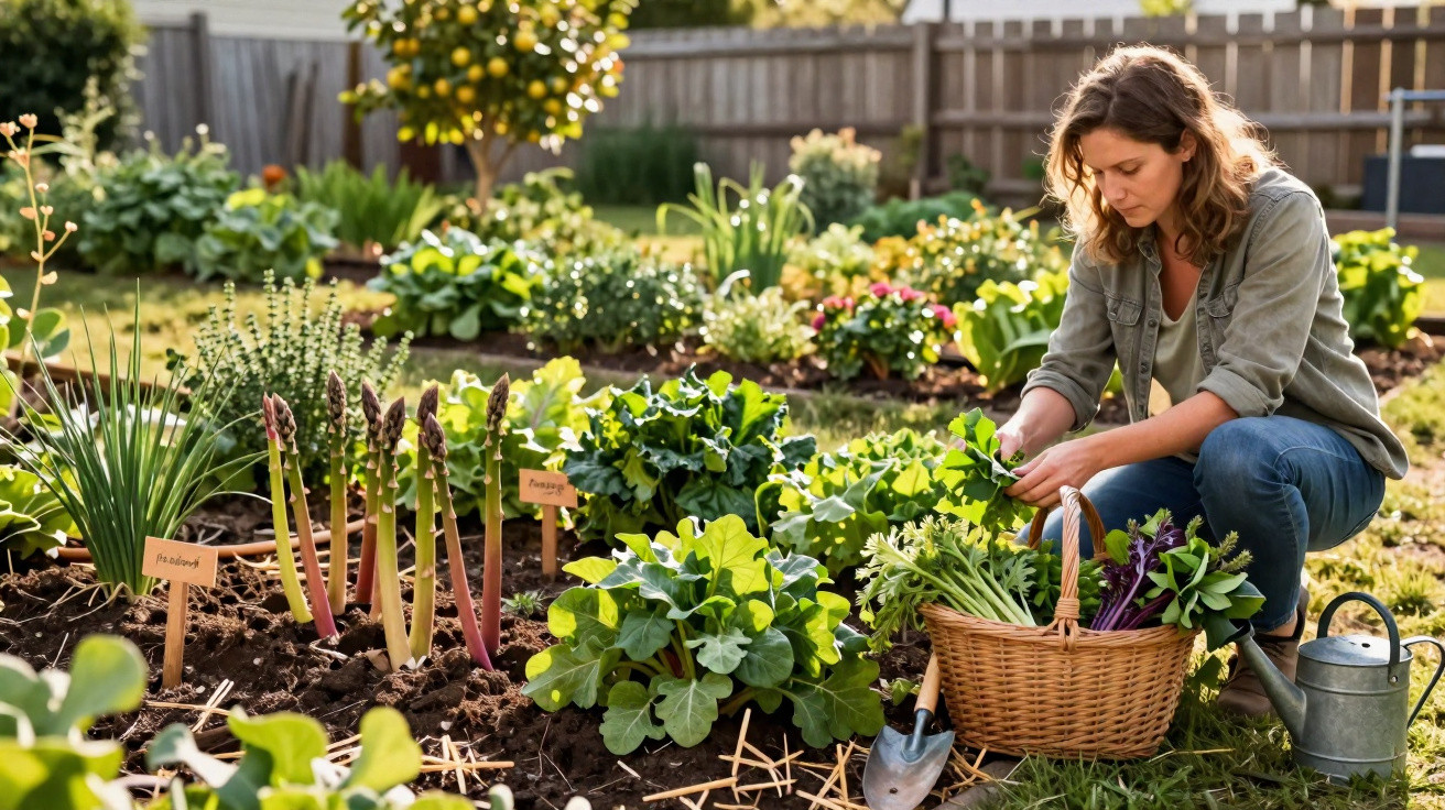 Woman harvesting fresh vegetables from a lush garden with a basket and watering can nearby.