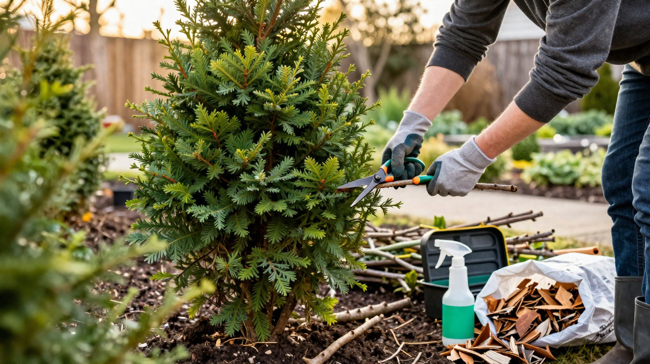Person pruning a small evergreen tree in a garden with gardening tools and supplies nearby.