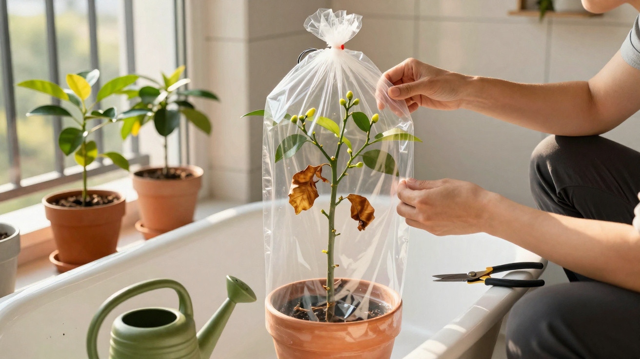 Person covering a potted plant with wilted leaves using a clear plastic bag inside a bathtub.